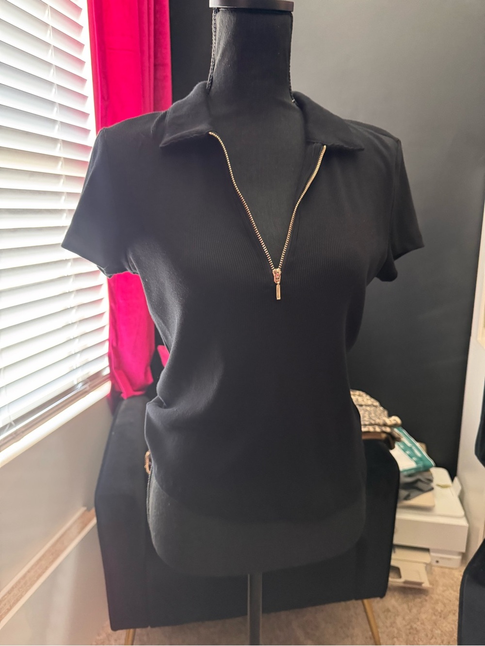 Black Short-Sleeve Zip Polo Top